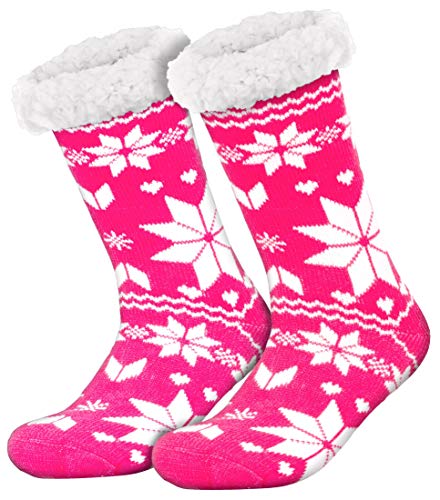 Compagno Kuschelsocken Schnee-Sterne mit ABS Anti Rutsch Sohle Wintersocken Damen Herren Socken 1 Paar Einheitsgröße, Farbe:Pink von Compagno