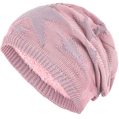 Compagno Sternen Wintermütze warm gefütterte Beanie Flechtmuster Einheitsgröße Mütze, Farbe:Rose von Compagno