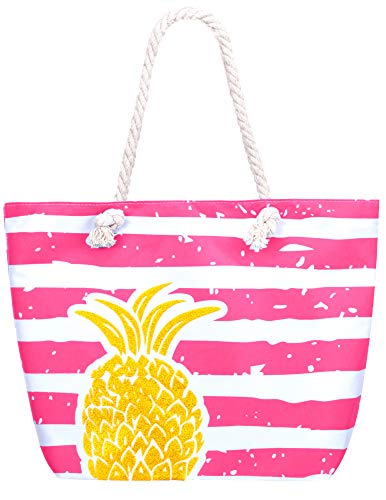 Compagno Strandtasche Ananas XXL Shopper Beach Bag mit breiter Kordel Schultertasche, Taschen Farbe:Pink von Compagno