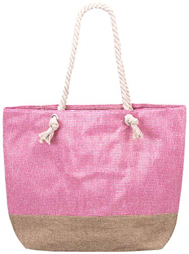 Compagno Strandtasche eingewebte Silber- Goldstreifen XXL Shopper Beach Bag mit breiter Kordel Schultertasche, Taschen Farbe:Rose von Compagno