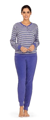 Comtessa Damen Schlafanzug Frottee 232327 Langarm Knopfleiste Bündchen Farbe: Blaubeere Baumwolle Gr. 50 XL von Comtessa