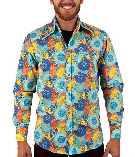 Comycom Flower Power 70er Blumenhemd Türkis Bunt, Hellblau Türkis Gelb Orange, XXL von Comycom