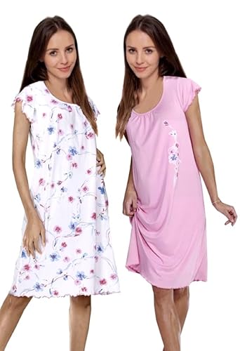 Consult-Tex Damen Nachthemd Kurzarm 2er Pack, Baumwolle-Jersey Nachtwäsche, Schlafhemd Sleepshirt, Schlafkleid (DW946/947) (rosa Weiss, 48/50) von Consult-Tex