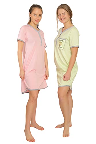 Damen Kurzarm Nachthemd Baumwolle 2 Stück Packung DF444 (42/44, Mint/Rose) von Consult-Tex