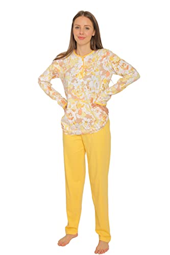 Damen Pyjama Schlafanzug Langarm Baumwolle Knopfleiste DW503 (44/46, gelb) von Consult-Tex