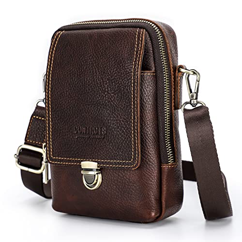 CONTACTS Echtes Leder Herren Kleine Messenger Taillentasche Gürteltasche Telefon Brieftasche Geldbörsenhalter für Sportcamping Wanderreisen (Rot Braun) von Contacts