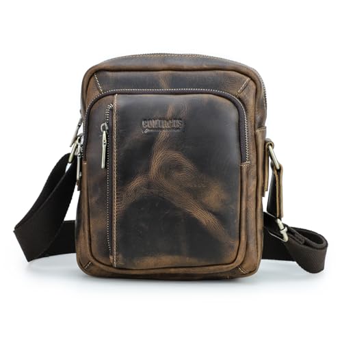 Contacts Crazy Horse Kleine Kuriertasche aus Leder für Herren, 19,3 x 21,8 cm, Umhängetasche, Reisetasche, iPad, Schultertasche, Geldbörse, braune Seitentasche, Dunkelbraun von Contacts