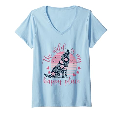 Damen Die Wildnis ist mein glücklicher Ort Wolf T-Shirt mit V-Ausschnitt Damen Die Wildnis ist mein glücklicher Ort Wolf T-Shirt mit V-Ausschnitt von Cool Wolf Art