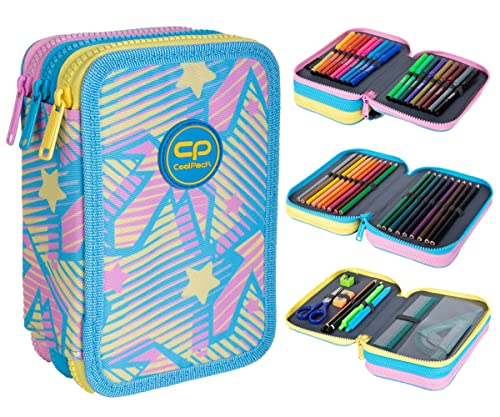 COOLPACK XXL Federtasche, federmäppchen Junge, Federmappe Federmäppchen groß 44-teilig mit Aufnäher gefüllte Schüleretui 3-stöckig Motiv: Dancefloor, Sterne, (E67537) von CoolPack