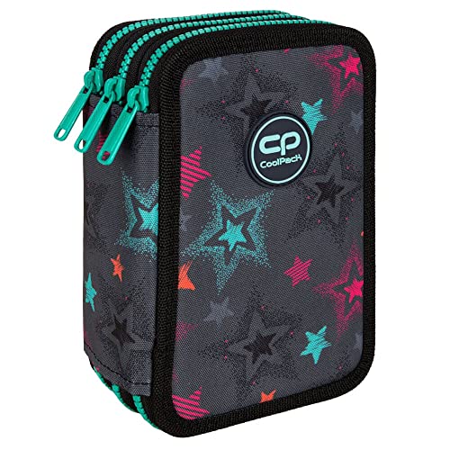 CoolPack XXL Federtasche, federmäppchen Junge, Federmappe Federmäppchen groß 44-teilig mit Aufnäher gefüllte Schüleretui 3-stöckig Motiv: Milky Way, Sterne, Grau, E67585 von CoolPack