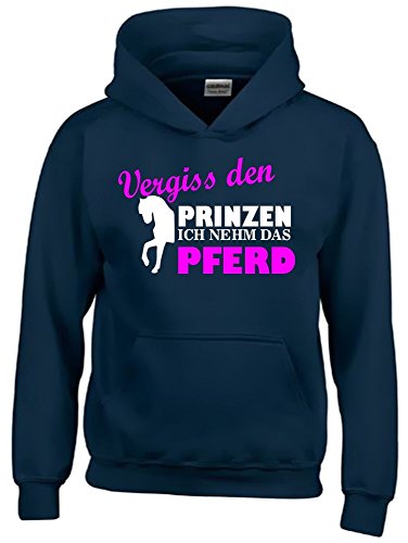 Coole-Fun-T-Shirts Vergiss den Prinzen ich nehm das Pferd ! Mädchen Reiten Sweatshirt mit Kapuze Hoodie Navy, Gr.128cm von Coole-Fun-T-Shirts