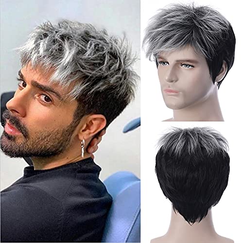 Perücke Herren Braun Kurz Haare Layered Wave Perücken mit Pony Synthetische Cosplay Perücke Kostümparty Halloween Party Men Wigs von Corlidea