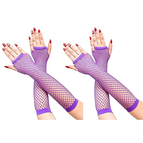 COSFAN 2 Paar Damen Netzhandschuhe,Lange Fingerlose Mesh Handschuhe,Elastische Hohle Handschuhe für Kleid Tanz Party Kostüm Zubehör (Lila) von COSFAN