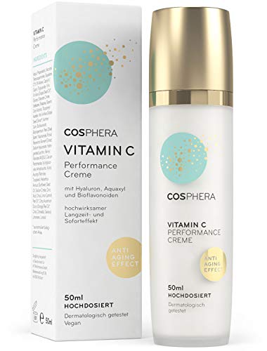 Cosphera® - Vitamin C Performance Creme 50 ml - mit Hyaluronsäure - vegane Tages- und Nachtcreme hochdosiert für Gesicht, Hals, Augen - Anti-Falten Feuchtigkeitsbehandlung für Frauen und Männer von Cosphera