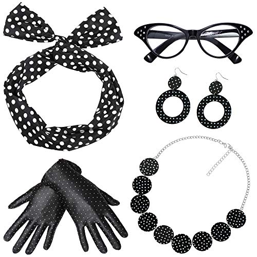 Coucoland 50er Jahre Rockabilly Kostüm Accessoires Damen 1950s Zubehör Set Inklusive Polka Dots Bandana Haarband Ohrringe Handschuhe Katzenaugen Sonnenbrille Chiffon Schal (Schwarz - Stil 2) von BABEYOND