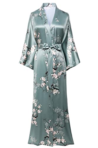 BABEYOND Damen Morgenmantel Maxi Lang Seide Satin Kimono Kleid Pfau Muster Kimono Bademantel Damen Lange Robe Schlafmantel Girl Pajama Party 135cm Lang von BABEYOND