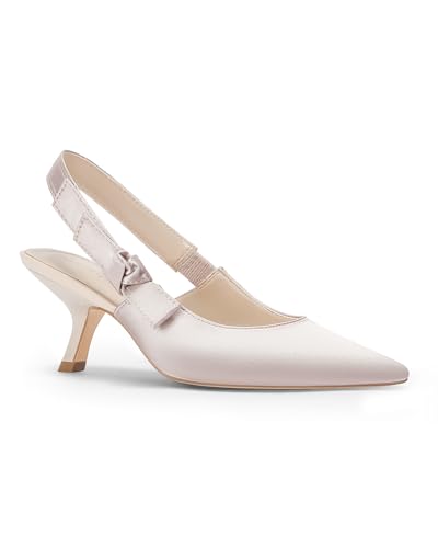 Coutgo Damen Slingback Kitten Heels Geschlossene Spitze Spitze Schleife Strick Slip On Arbeitspumps Kleid Schuhe, Nude Satin, 40.5 EU von Coutgo