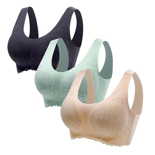 3PC BH Damen ohne Bügel Komfort Push up Sport BH Bustier Nahtlos Spitzen Gepolstert Bra Underwear Yoga Halt Große Brüste Bügelloser Stretch Sexy Bralette Damen (A, L) von Covermason