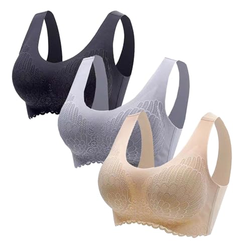 3PC BH Damen ohne Bügel Komfort Push up Sport BH Bustier Nahtlos Spitzen Gepolstert Bra Underwear Yoga Halt Große Brüste Bügelloser Stretch Sexy Bralette Damen (C, L) von Covermason