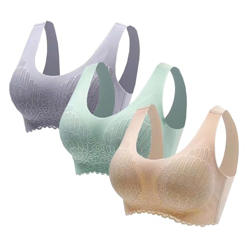 3PC BH Damen ohne Bügel Komfort Push up Sport BH Bustier Nahtlos Spitzen Gepolstert Bra Underwear Yoga Halt Große Brüste Bügelloser Stretch Sexy Bralette Damen (D, XL) von Covermason