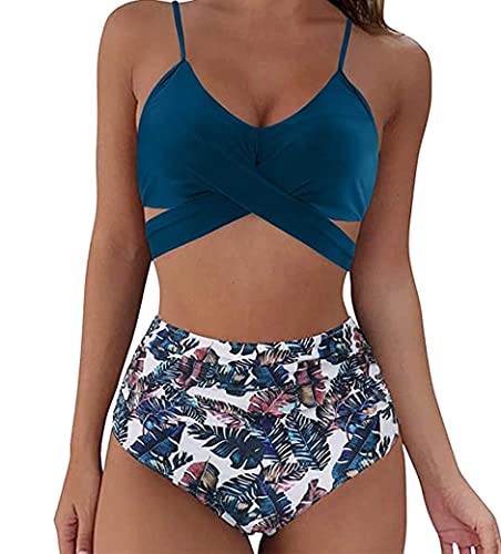 Cozyan Damen Zweiteiliger Badeanzug V Ausschnitt überkreuztes Blumenmuster Bikini Bademode Damen Wickel Push Up Bikini Oberteil mit Bauchweg High Waist Bikini Set Bademode von Cozyan