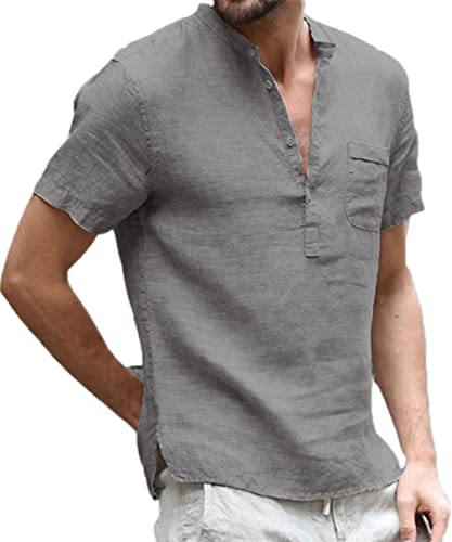 Hemd Herren Sommer Kurzarm Hemden Männer Henley Freizeithemd Hemden für Männer Herren Hemd Kurzarm Hemden Herren Baumwolle Leinenhemd Henley Shirt von Cozyan