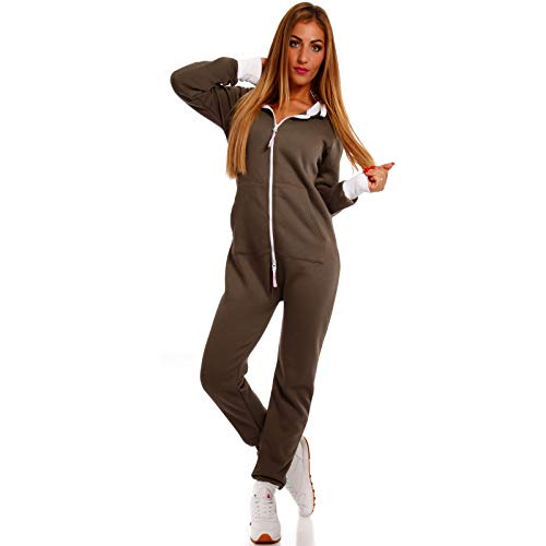 Crazy Age Basic Jumpsuits Ganzkörperanzug Einteiler One Piece Schlafanzug Overall Damen Jumpsuit Kuschelig und warm (CA -J- 502 XXL, Khaki) von Crazy Age