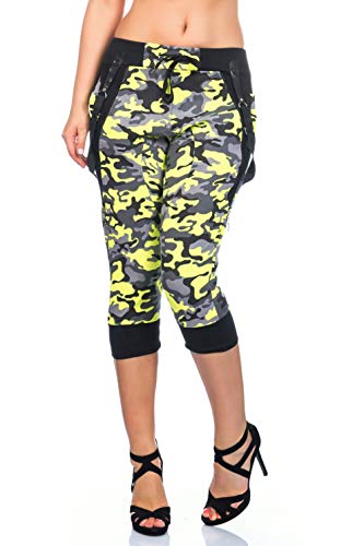 Crazy Age Camouflage Jogginghose Capri Damen Shorts Boyfriendhose Bagyyhose mit Hosentäger (Neongelb, XS) von Crazy Age