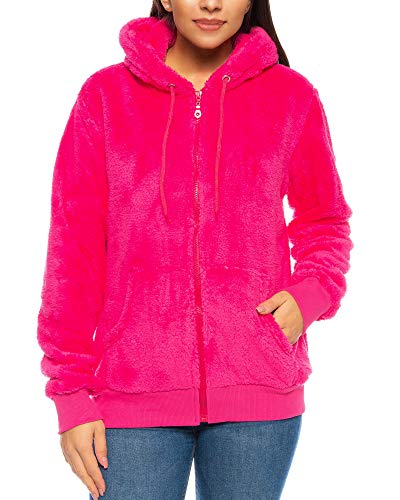 Crazy Age Herren und Damen Teddy-Fell Jacke mit Kapuze Fleecejacke Plüsch mit Kängruhtaschen - Zipper(CA-2914-Fuchsia-L) von Crazy Age