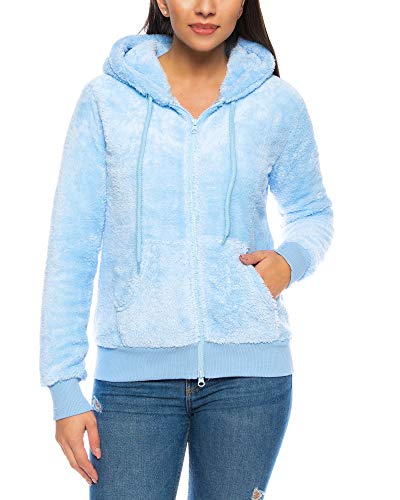 Crazy Age Herren und Damen Teddy-Fell Jacke mit Kapuze Fleecejacke Plüsch mit Kängruhtaschen - Zipper(CA-2914-Sky -XS) von Crazy Age