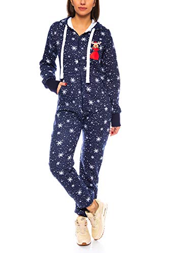 Crazy Age Damen Mädchen Jumpsuit Onesie Overall Einteiler | Warm Weich Weihnachtlich | XS - XXL (Dunkelblau Schneeflocken, XS) von Crazy Age