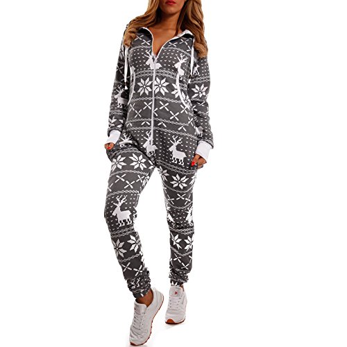 Crazy Age Kuscheliger Jumpsuit Sweat Overall Ganzkörperanzug mit Renntier- Eiskristalle Motive CA-J-603 Relaxen Chillen (Anthrazit/Weiß, 3XL) von Crazy Age