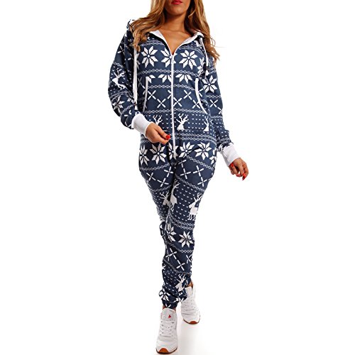 Crazy Age Kuscheliger Jumpsuit Sweat Overall Ganzkörperanzug mit Renntier- Eiskristalle Motive CA-J-603 Relaxen Chillen (Navy/weiß, XXL) von Crazy Age