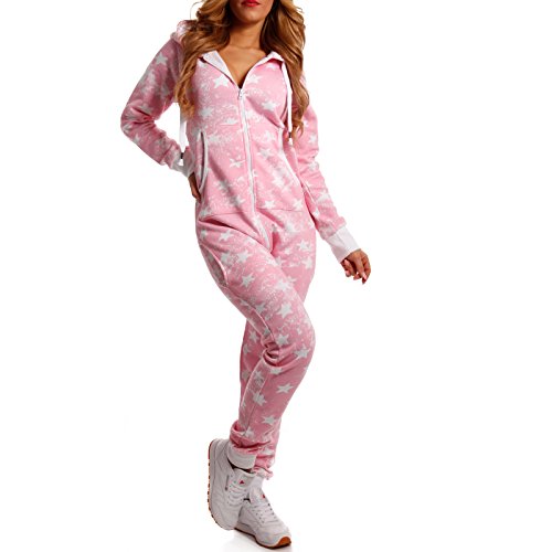 Crazy Age Kuscheliger Jumpsuit Sweat Overall Ganzkörperanzug mit Renntier- Eiskristalle Motive CA-J-603 Relaxen Chillen (Rosa (Star), 4XL) von Crazy Age