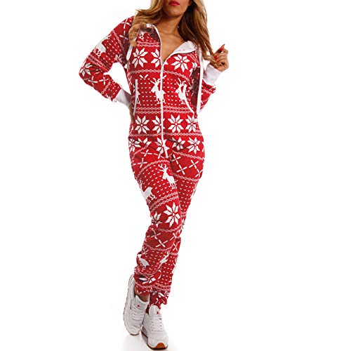 Crazy Age Kuscheliger Jumpsuit Sweat Overall Ganzkörperanzug mit Renntier- Eiskristalle Motive CA-J-603 Relaxen Chillen (Weinrot, S) von Crazy Age