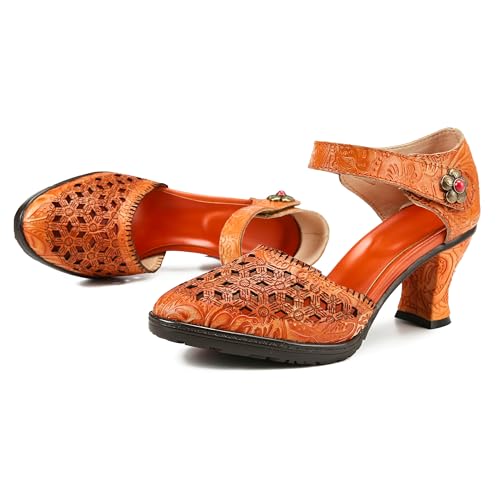 CrazycatZ Damen Leder Bunte Mary Jane Schuhe mit Schleife, Vintage Patchwork Mary Janes Pumps (Orange, Erwachsene, Damen, 42, Numerisch, EU Schuhgrößensystem, M) von CrazycatZ