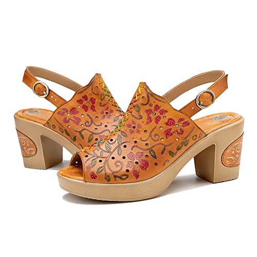 CrazycatZ Damen Leder Heeled Sandals bunten Blockabsatzschuhen Peeptoe Sandalen (Orange, numeric_37) von CrazycatZ