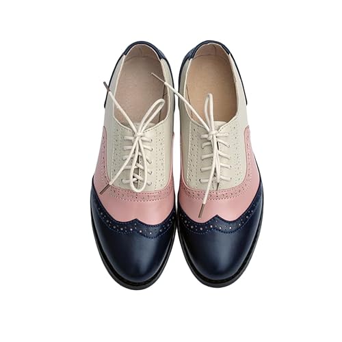 CrazycatZ Damen Leder Oxford Schuhe Schnürspitze Bunte Leder Vintage Bunte Oxford Schuhe (Pink+Blue, eu_Footwear_Size_System, Adult, Women, Numeric, medium, Numeric_38) von CrazycatZ