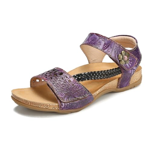 CrazycatZ Damen Leder Sandals bunten schuhen Peeptoe Sandalen Bohemian Sandals (Purple, Erwachsene, Damen, 42, Numerisch, EU Schuhgrößensystem, M) von CrazycatZ