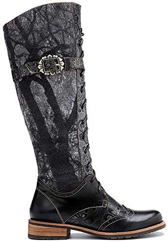 CrazycatZ Damen Stiefel Hoch Leder Stiefel mit Absatz Bunt Druck Chic Stiefel Bequeme Outdoor Knee Stiefel Reißverschluss Langschaft (40 EU, BLACK) von CrazycatZ