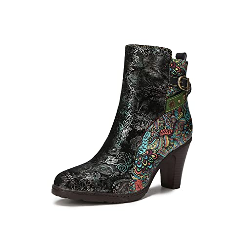 CrazycatZ Damen Stiefeletten mit Absatz Leder stiefeletten vintage Stiefele Floral Ankle Boots Fur Lined Stiefeletten (Black, eu_footwear_size_system, adult, women, numeric, medium, numeric_40) von CrazycatZ