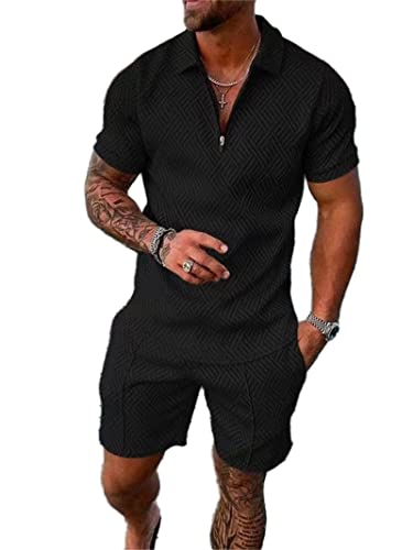 Crazynekos Trainingsanzug für Herren Sommer Sportanzug 2 Teiliges Outfit Sport Set Kurzarm T-Shirts + Kurze Hose Sets Freizeitanzug Männer Business Polo Hemd mit Revers Sporthose (1,XXL,XXL) von Crazynekos