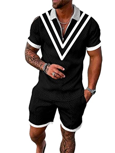 Crazynekos Trainingsanzug für Herren Sommer Sportanzug 2 Teiliges Outfit Sport Set Kurzarm T-Shirts + Kurze Hose Sets Freizeitanzug Männer Business Polo Hemd mit Revers Sporthose (22,L,L) von Crazynekos