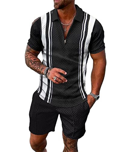 Crazynekos Trainingsanzug für Herren Sommer Sportanzug 2 Teiliges Outfit Sport Set Kurzarm T-Shirts + Kurze Hose Sets Freizeitanzug Männer Business Polo Hemd mit Revers Sporthose (25,M,M) von Crazynekos