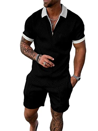 Crazynekos Trainingsanzug für Herren Sommer Sportanzug 2 Teiliges Outfit Sport Set Kurzarm T-Shirts + Kurze Hose Sets Freizeitanzug Männer Business Polo Hemd mit Revers Sporthose (30,S,S) von Crazynekos