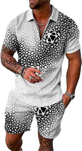 Crazynekos Trainingsanzug für Herren Sommer Sportanzug 2 Teiliges Outfit Sport Set Kurzarm T-Shirts + Kurze Hose Sets Freizeitanzug Männer Business Polo Hemd mit Revers Sporthose (34,XXXL,3XL) von Crazynekos