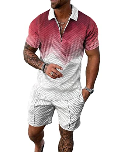 Crazynekos Trainingsanzug für Herren Sommer Sportanzug 2 Teiliges Outfit Sport Set Kurzarm T-Shirts + Kurze Hose Sets Freizeitanzug Männer Business Polo Hemd mit Revers Sporthose (43,L,L) von Crazynekos