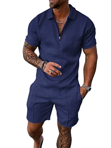 Crazynekos Trainingsanzug für Herren Sommer Sportanzug 2 Teiliges Outfit Sport Set Kurzarm T-Shirts + Kurze Hose Sets Freizeitanzug Männer Business Polo Hemd mit Revers Sporthose (7,XL,XL) von Crazynekos