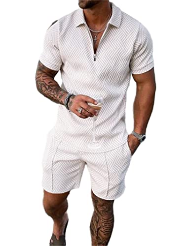 Herren Kurze Sets Outfits 2 Stück Sommer Trainingsanzug Kurzarm Poloshirt und Shorts Set Casual Sport Anzug, 14, XX-Large von Crazynekos