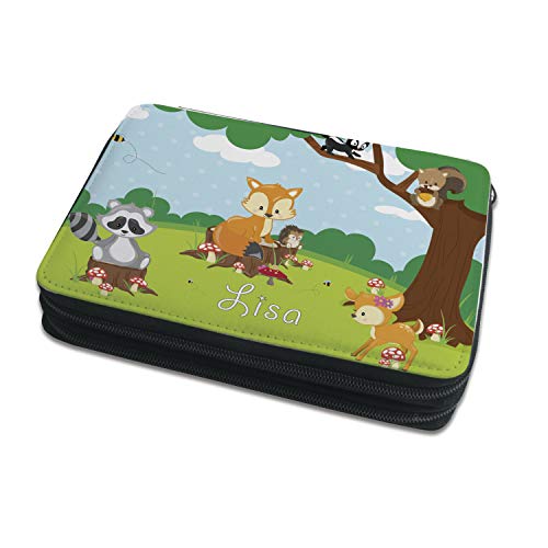 CreaDesign Kinder Federmäppchen mit (Wunsch) Namen, einzigartige Federtasche durch Personalisierung, Schulmäppchen - Motiv Waldtiere von CreaDesign